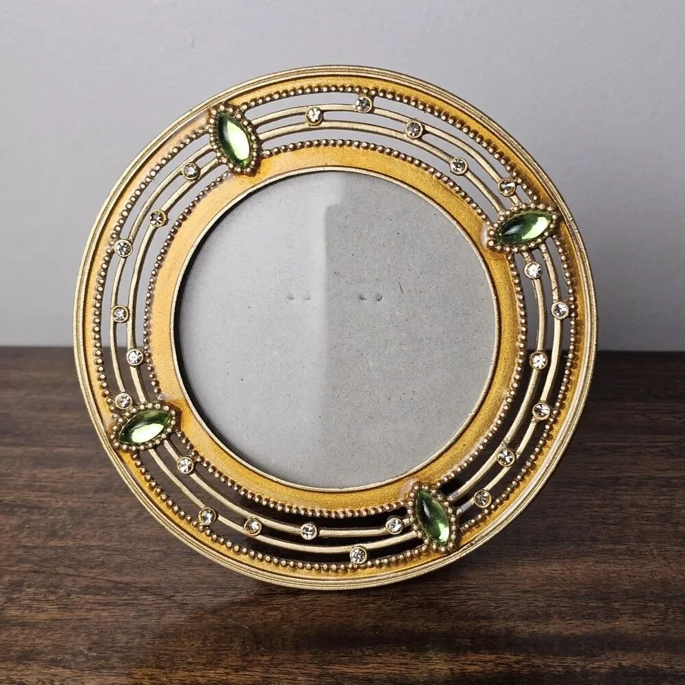 Vintage Ashleigh Manor Round Gold Tone Enamel & Rhinestone Picture Frame